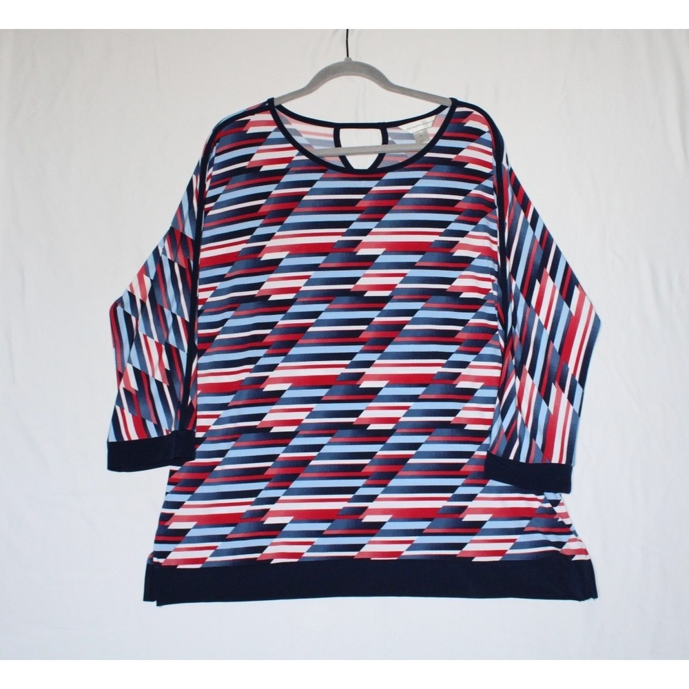 Christopher & Banks Womens XL Red Blue White Abstract Print Stretchy Tunic Shirt